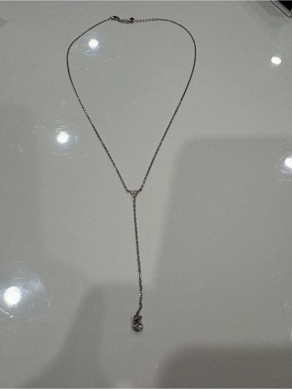 Silver Y-Drop Necklace with Crystal Accent